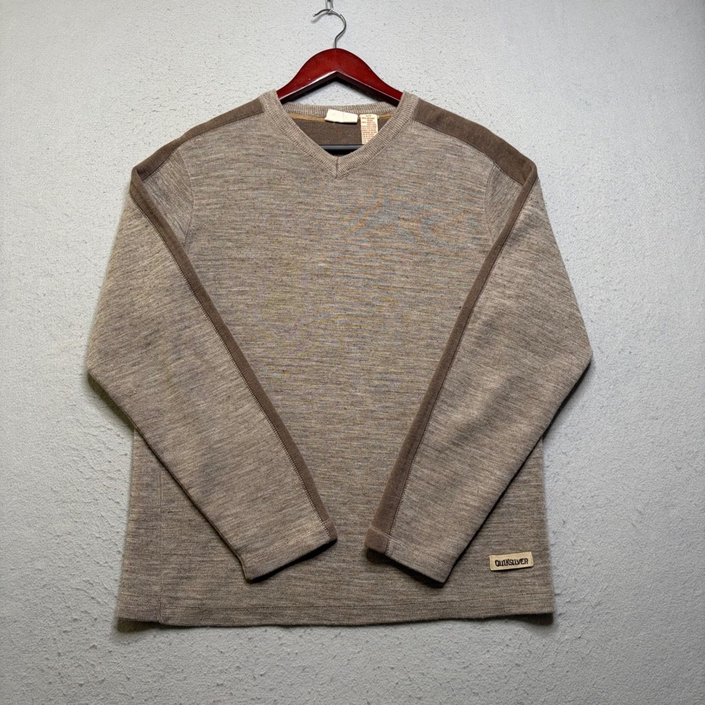 Quiksilver Sweater Mens Small Brown V-Neck Wool Blend Contrast Panel Y2K Surf